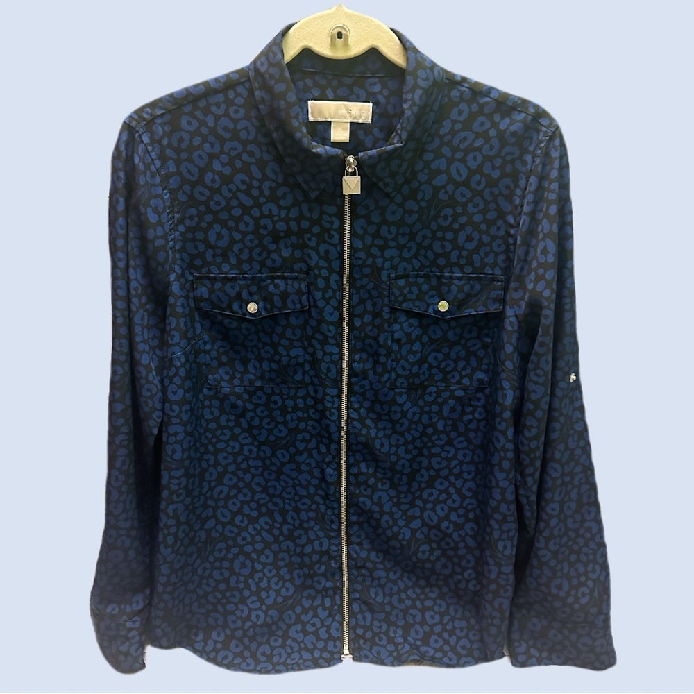Michael Kors Blue Animal Print Utility Blouse  size XL - Picture 2 of 10